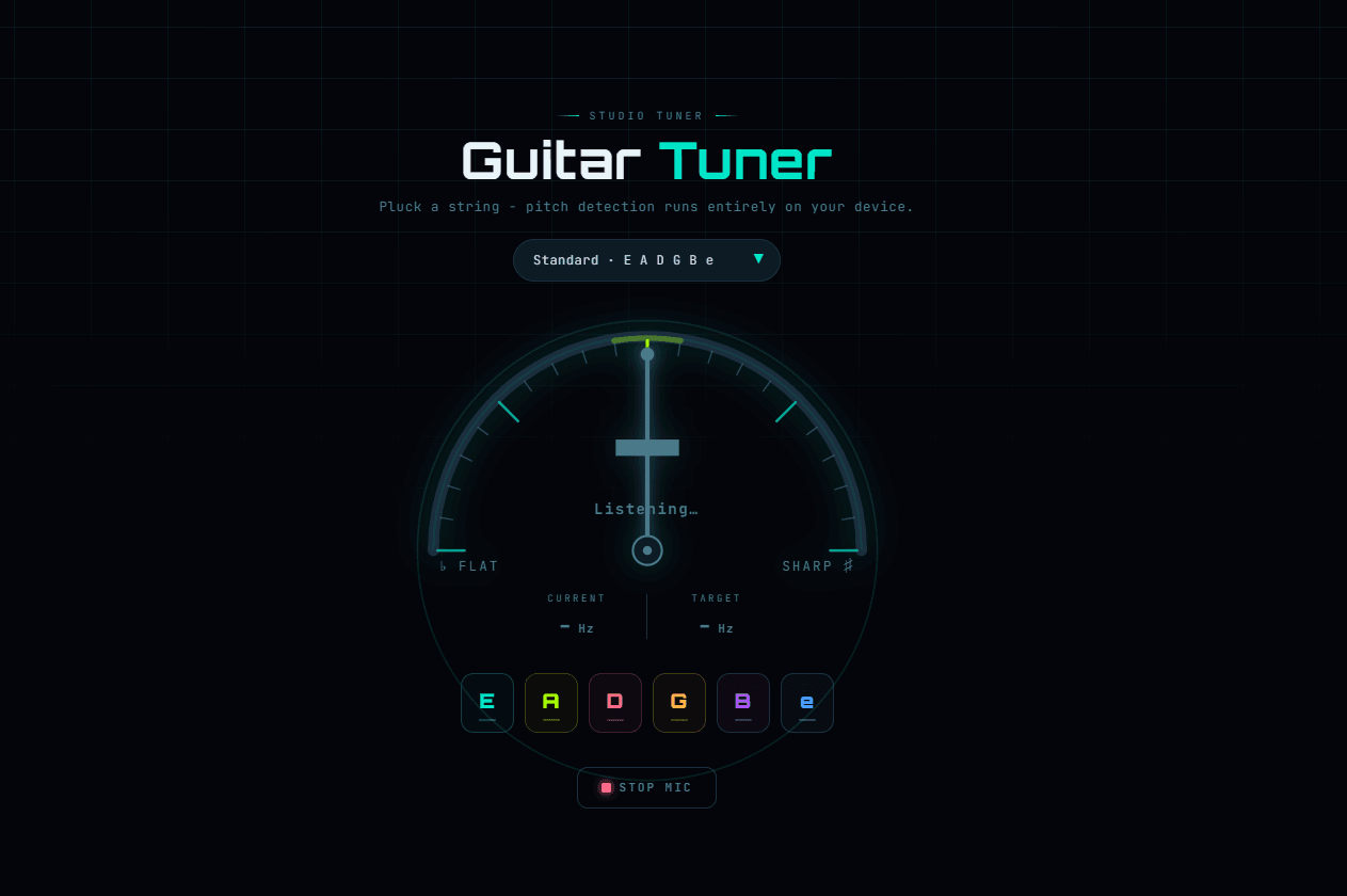 The mic tuner gauge locked green on an in-tune string.