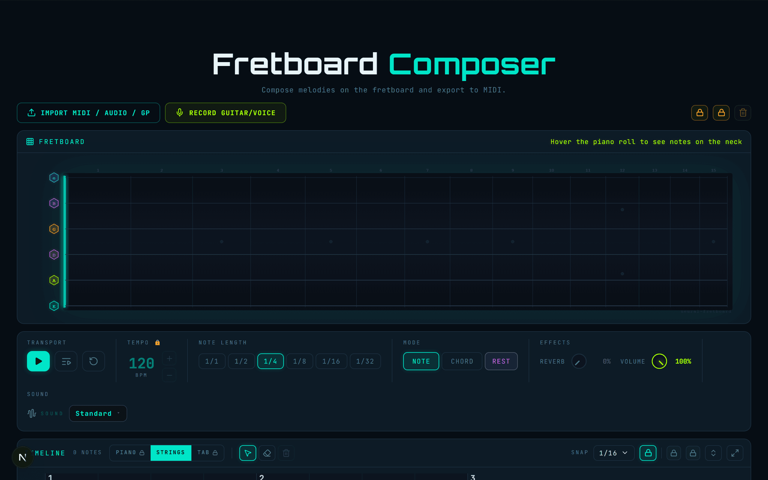 The step-sequencer Composer: fretboard editor and timeline.