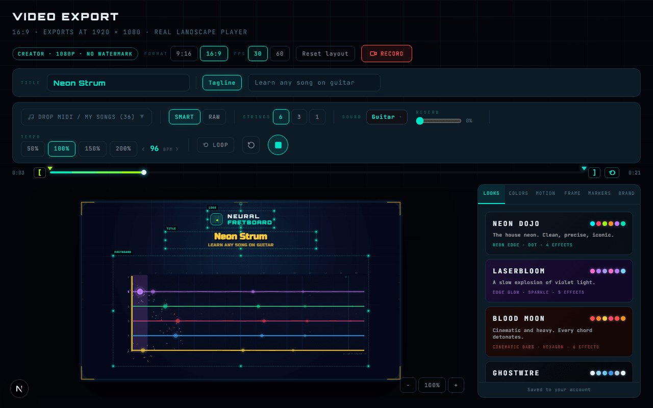 The Creator Studio: the styled export stage with the looks panel, format toggle and record button.