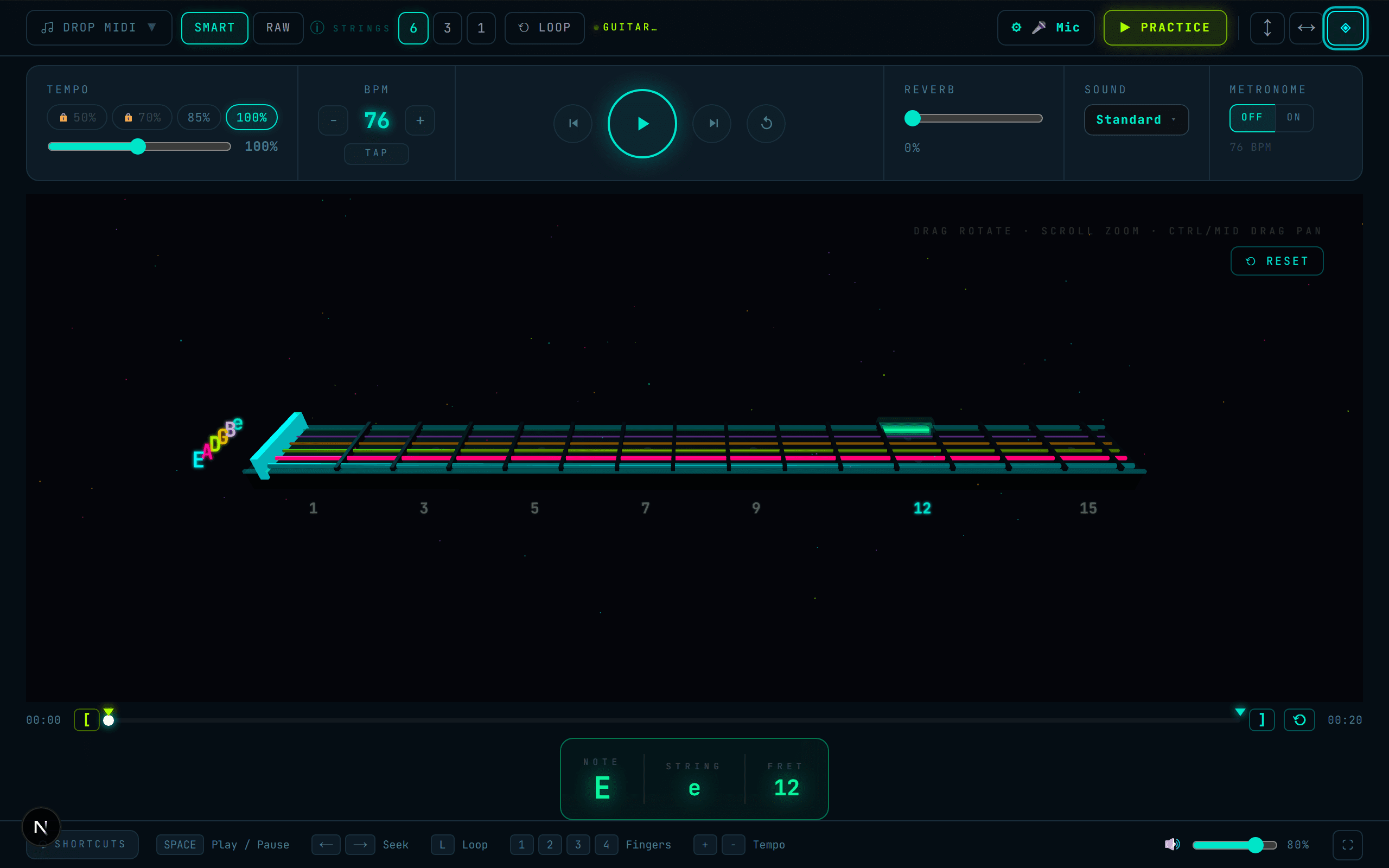The 3D view with the demo melody lit in neon across the angled fretboard.